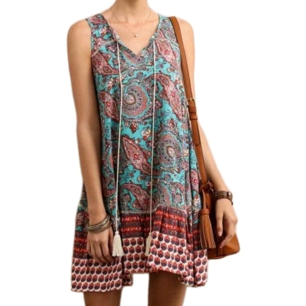 SOIEBLU Medium Sleeveless Paisley Tassle Neck Mini Boho Dress Turquoise Orange